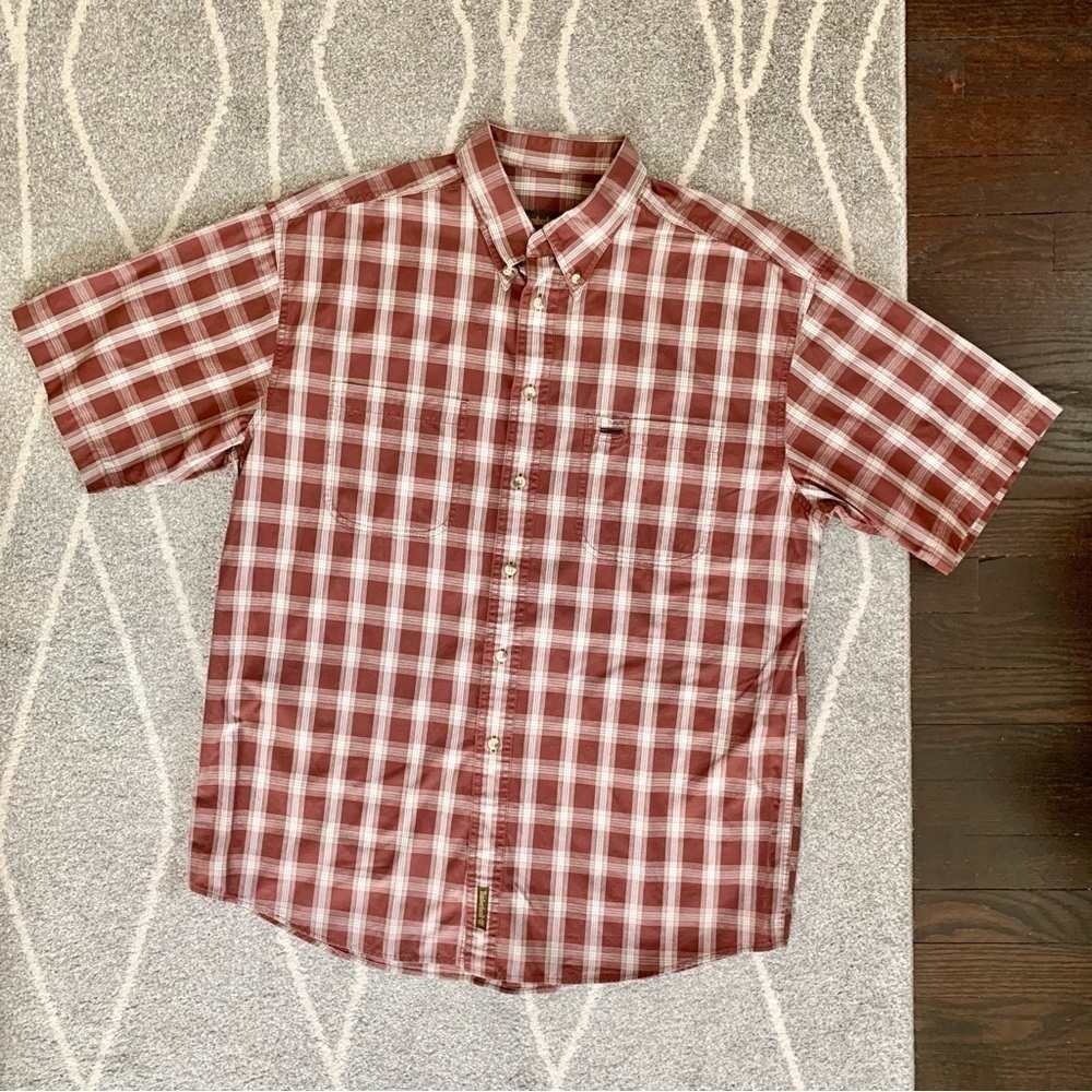 Timberland Vintage Weather Gear Maroon Red Plaid Short Sleeve Button Down Shirt